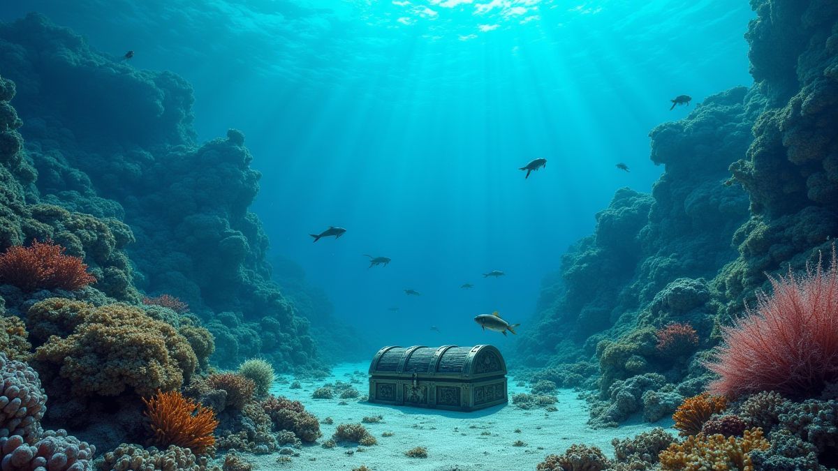 Cena submarina detalhada com arrecifes de coral e cofres do tesouro.