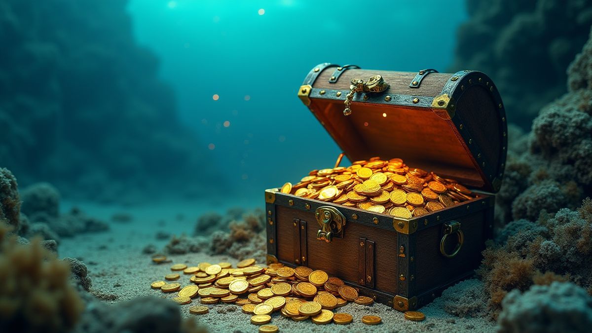 Cofre do tesouro submarino cheio de moedas de ouro e joias.