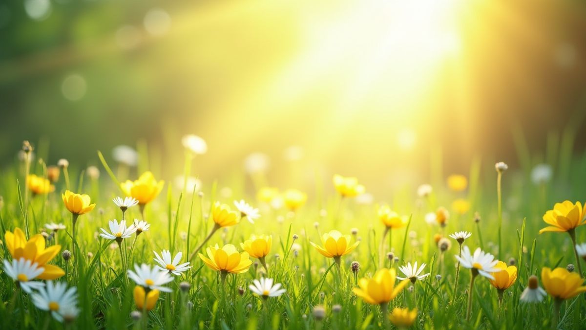 Um prado ensolarado com flores e raios de luz.