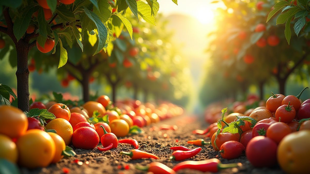 A sunny orchard with colorful fruits and bright chilies.