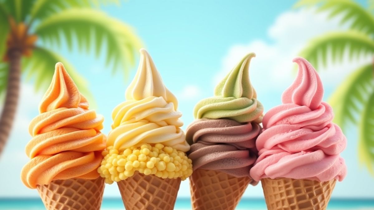 Eiskugeln in einer Vielzahl von Farben und Geschmacksrichtungen vor einem sommerlichen Hintergrund.