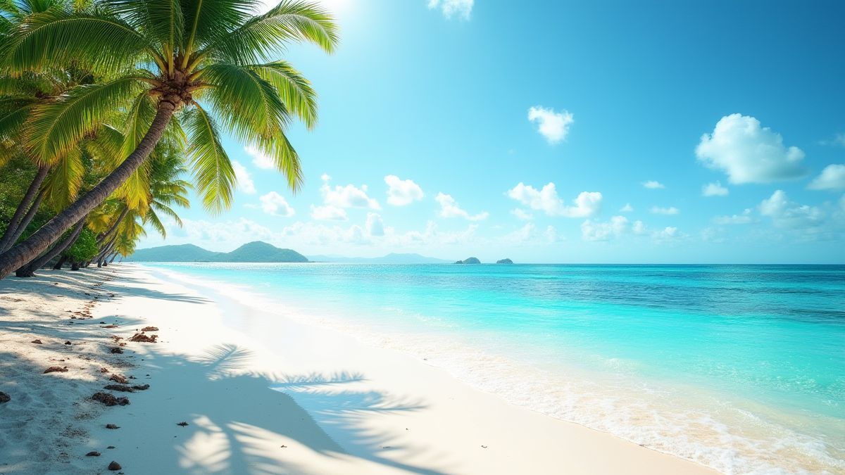 Plage tropicale avec des eaux cristallines et des palmiers sous le soleil.