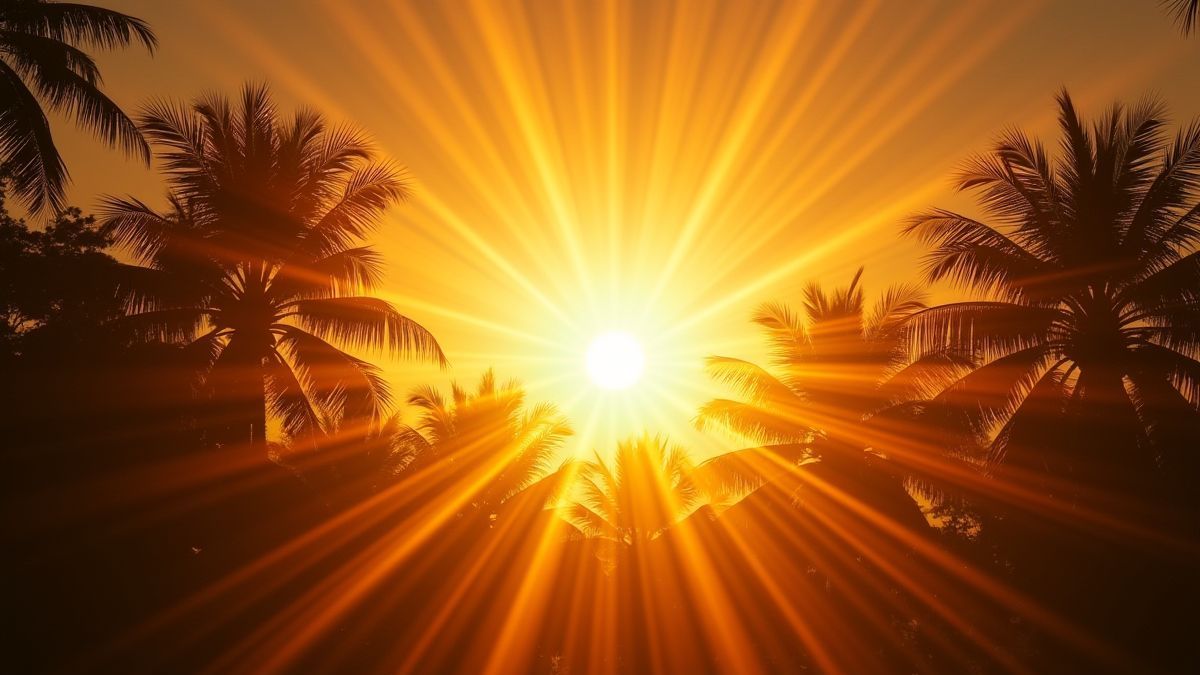 Effet de rayons solaires dorés sur un fond tropical.