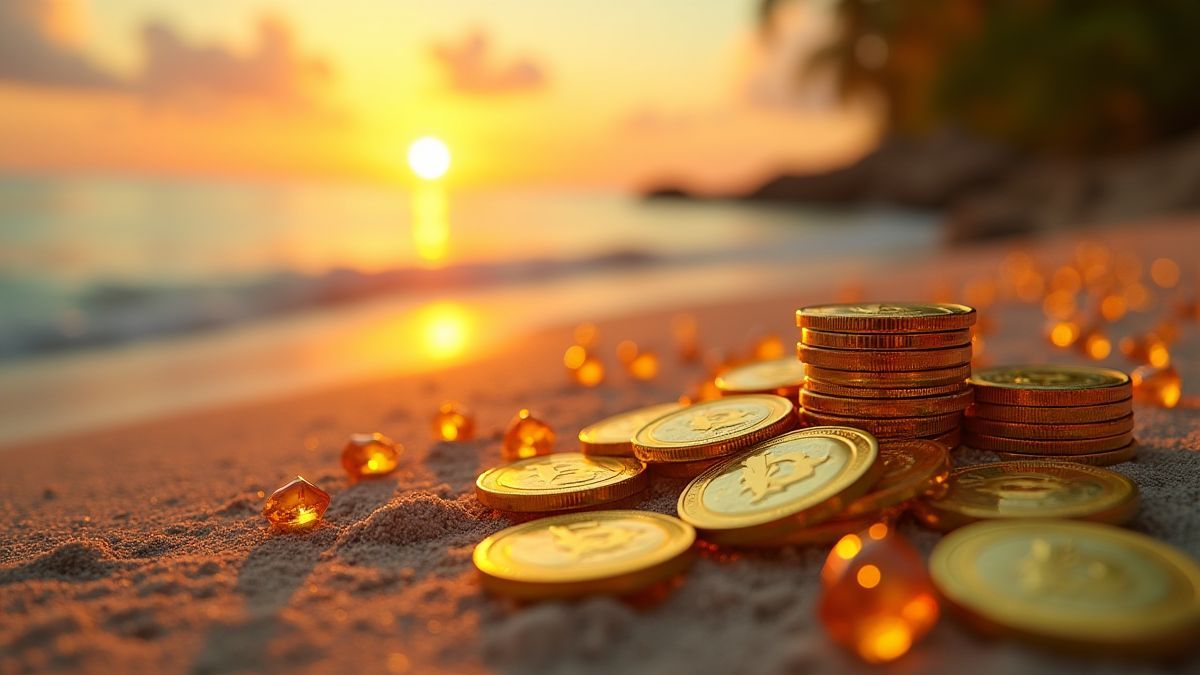 Pièces dorées et diamants sur une plage tropicale