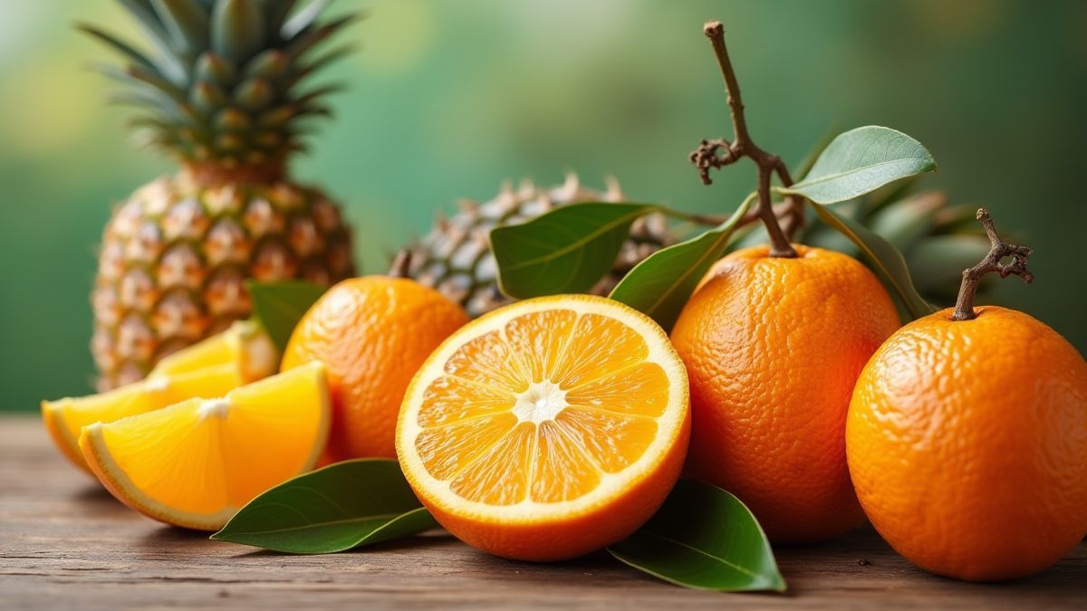 Frutas tropicales como naranjas y piñas sobre una mesa de madera.