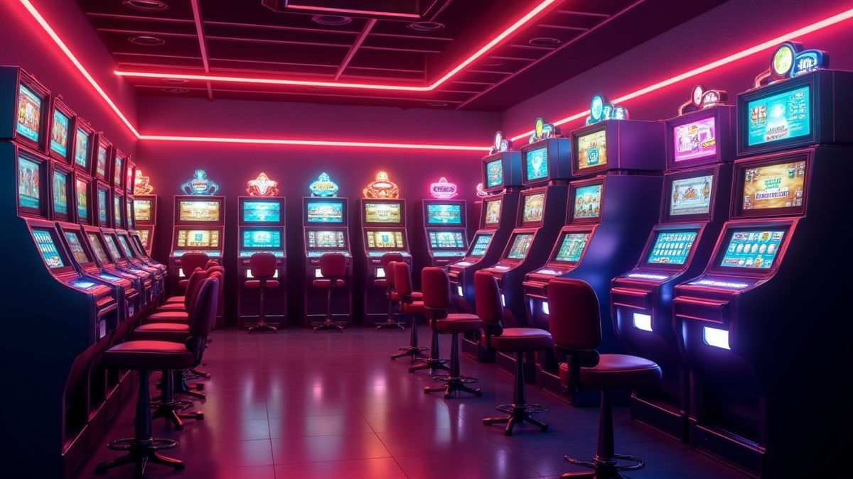 Casino retro con máquinas tragaperras y luces de neón.