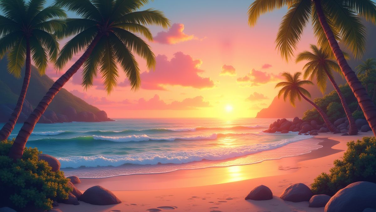 Una playa tropical iluminada por un atardecer brillante.