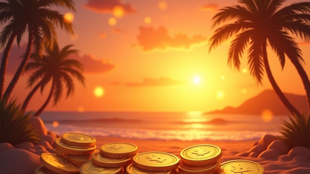 Monedas doradas flotando en un atardecer tropical.