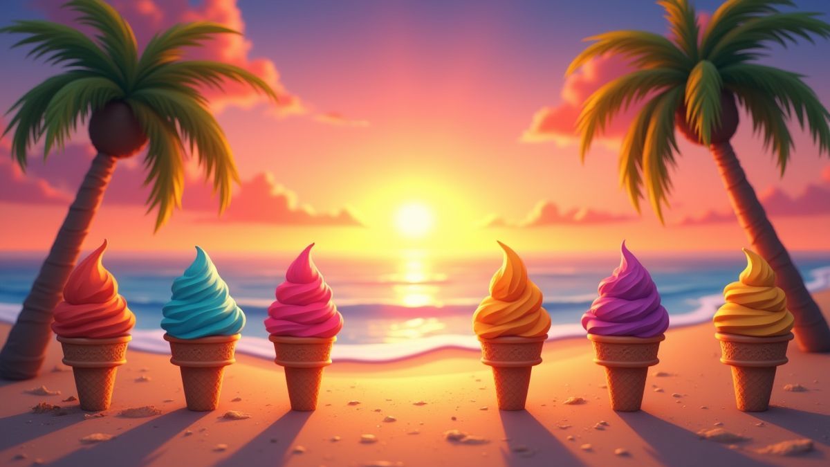 Sonnenuntergang am Strand mit bunten Eiscremes.