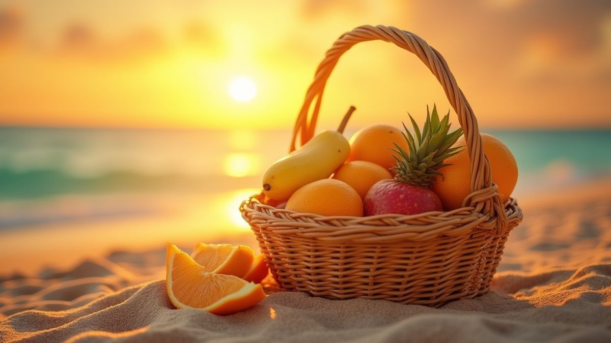 Tropical fruit basket on golden sand at sunset.