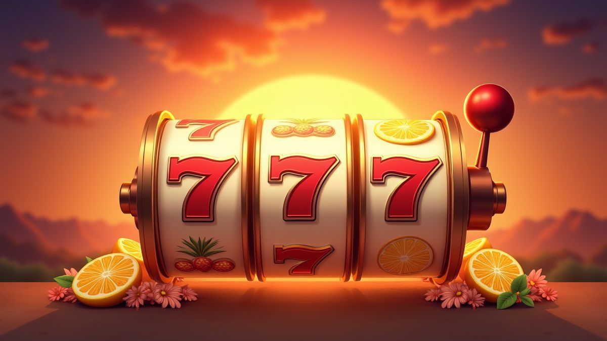 Reels spinning with tropical fruit symbols over a sunset background.