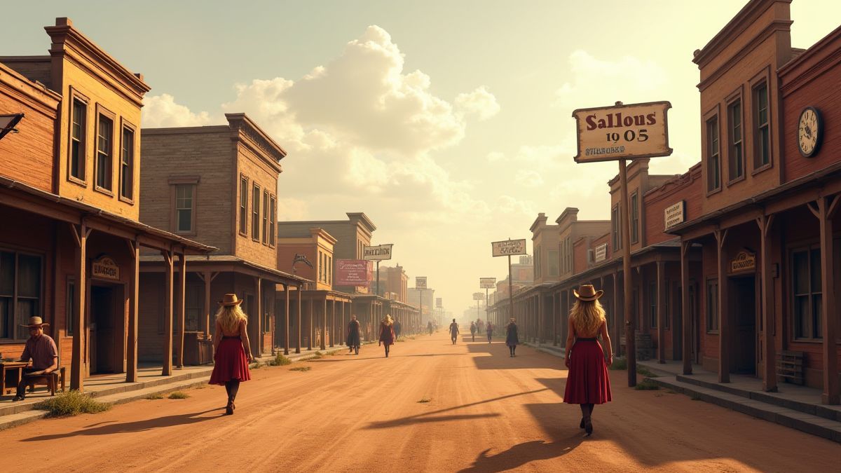 Un pueblo del oeste con cowgirls y salones.