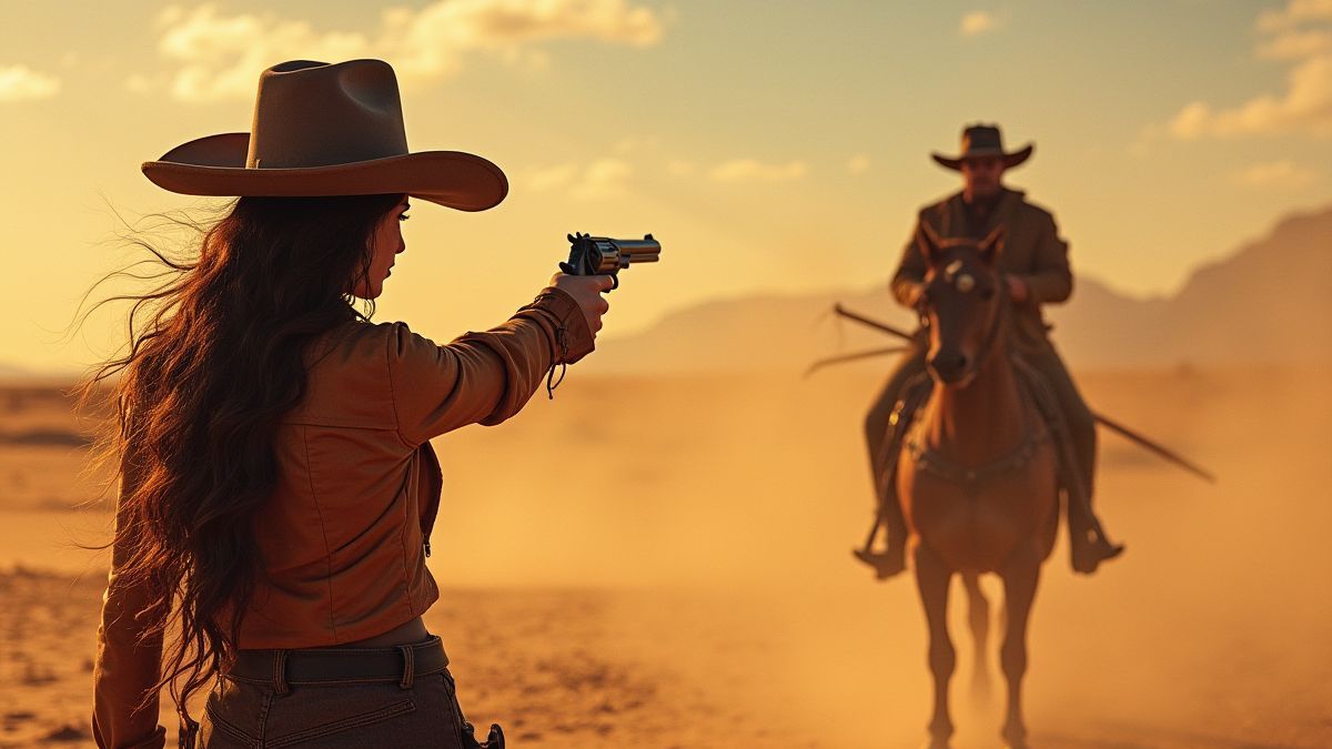 Una cowgirl apuntando su pistola a un villano en el desierto.