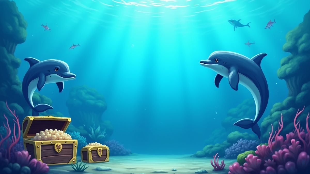 Scène sous-marine avec des dauphins et des coffres au trésor dans un style caricatural.