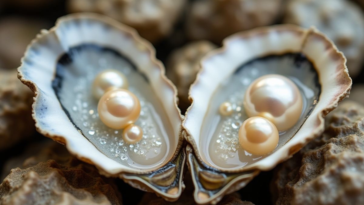 Deux huîtres fermées avec des perles brillantes à l'intérieur.