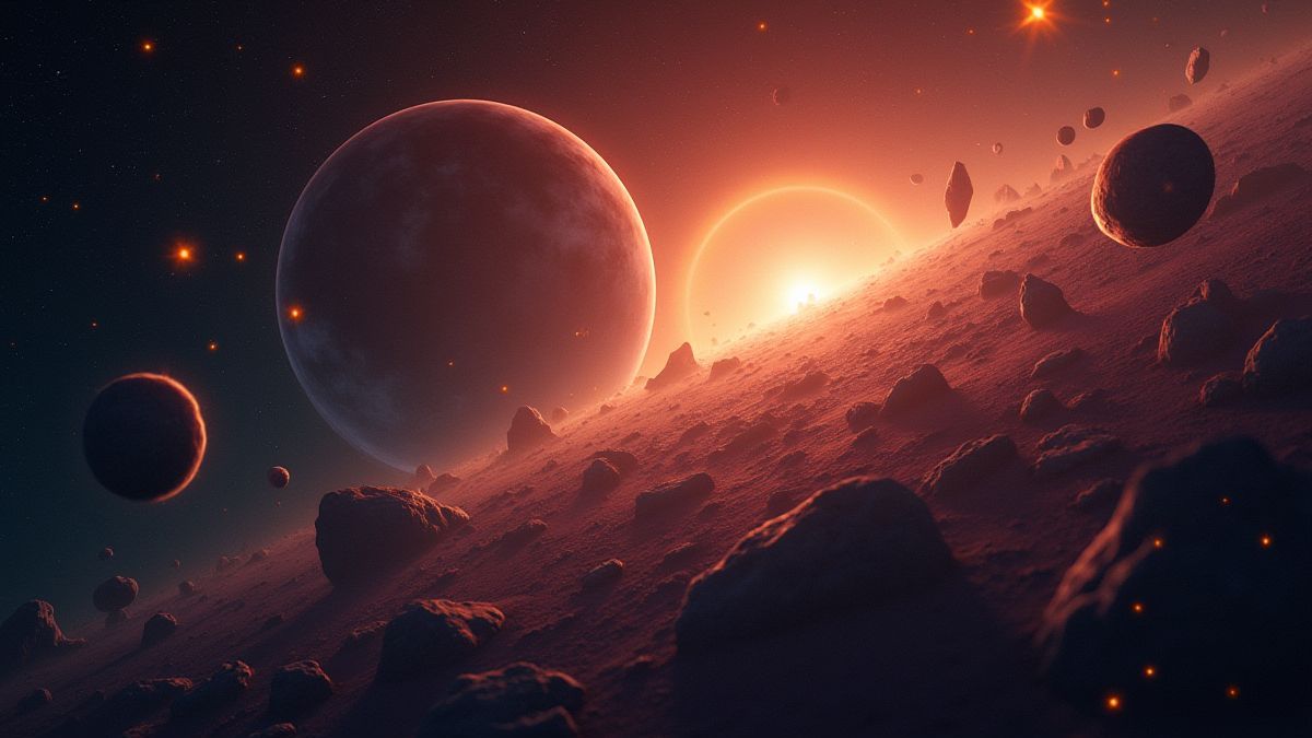 A glowing asteroid belt in space with floating star shards.