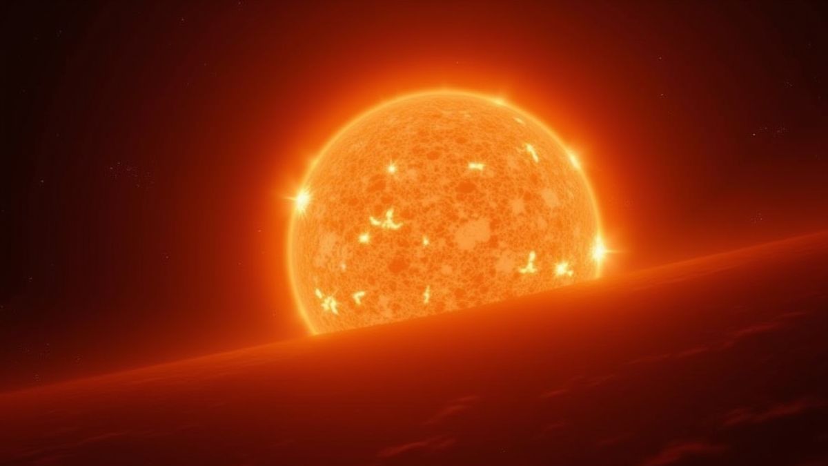 Eine strahlende Sonne mit feurigen Ausbrüchen im Weltraum.