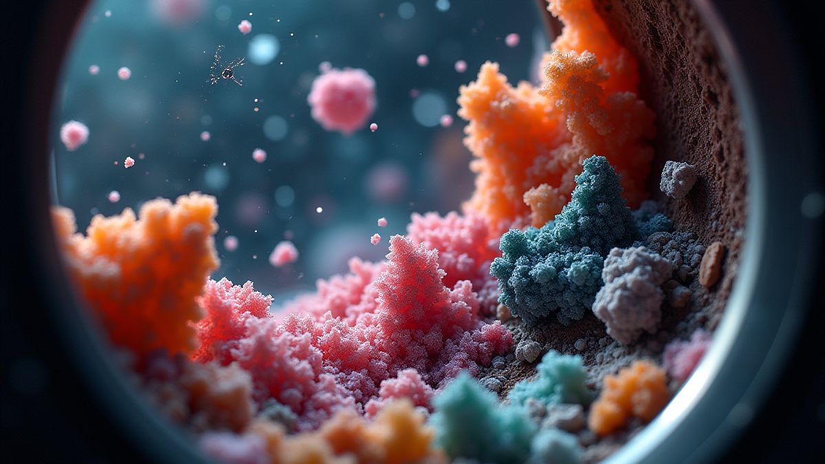 Minerals floating in zero gravity inside a spacecraft.