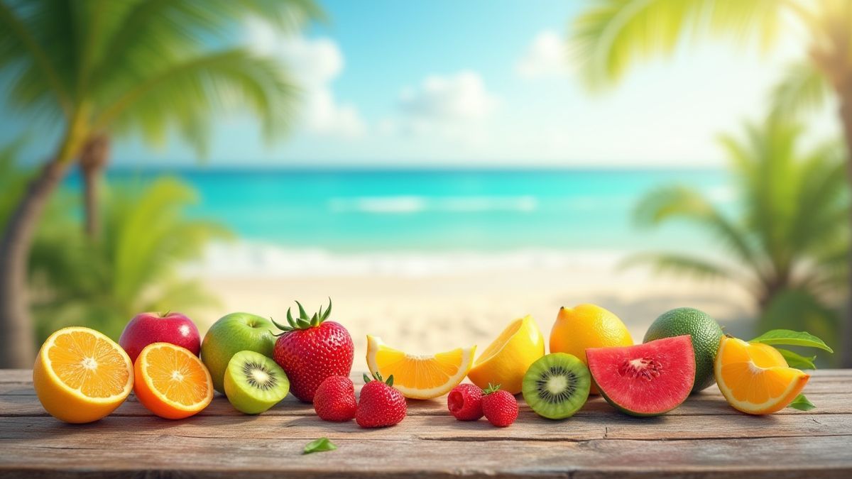 Kleurige fruit symbolen met een achtergrond van een tropisch strand.