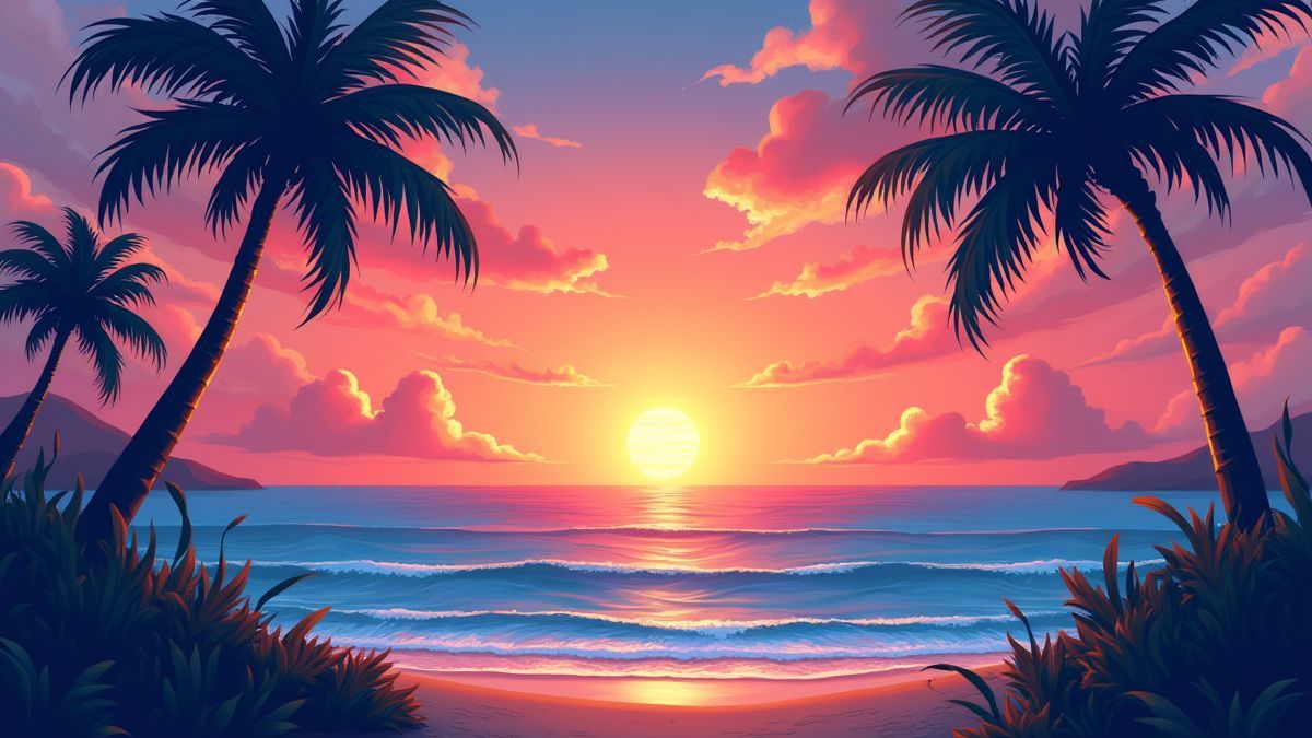 Tropische zonsondergang met levendige kleuren boven de oceaan.