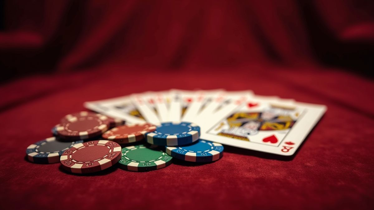 Fichas de póker y cartas sobre una mesa de terciopelo.