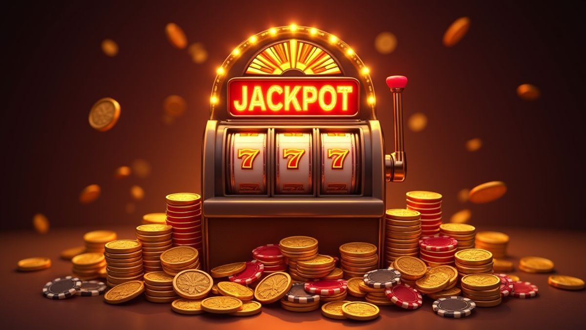Máquina de jackpot rodeada de monedas brillantes y fichas de póker.