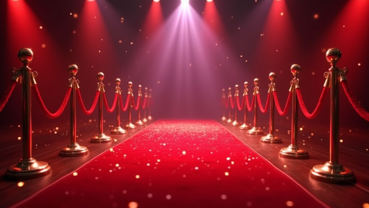 Alfombra roja de casino con luces brillantes y estrellas