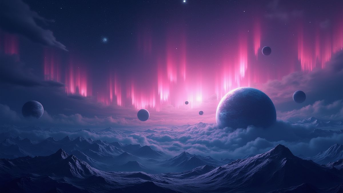 Cosmic scene with planets and glowing auroras.