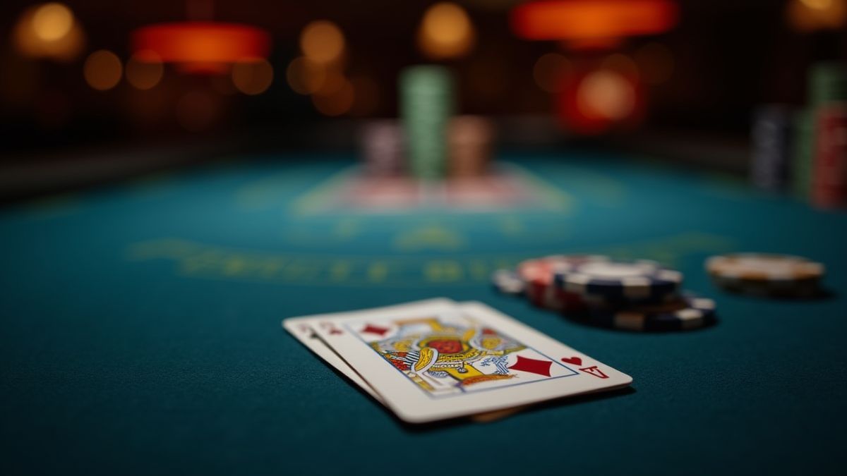 Table de casino avec des cartes et des jetons sous un éclairage doux.