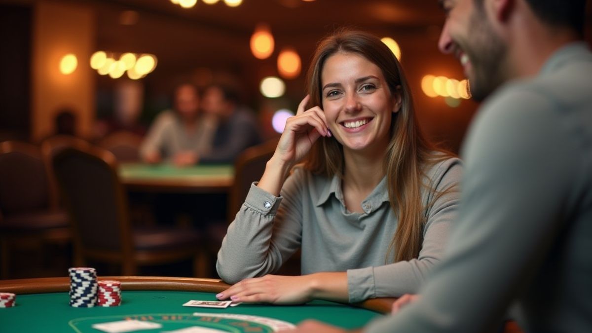 Joueur débutant souriant à une table de casino avec des cartes et des jetons.