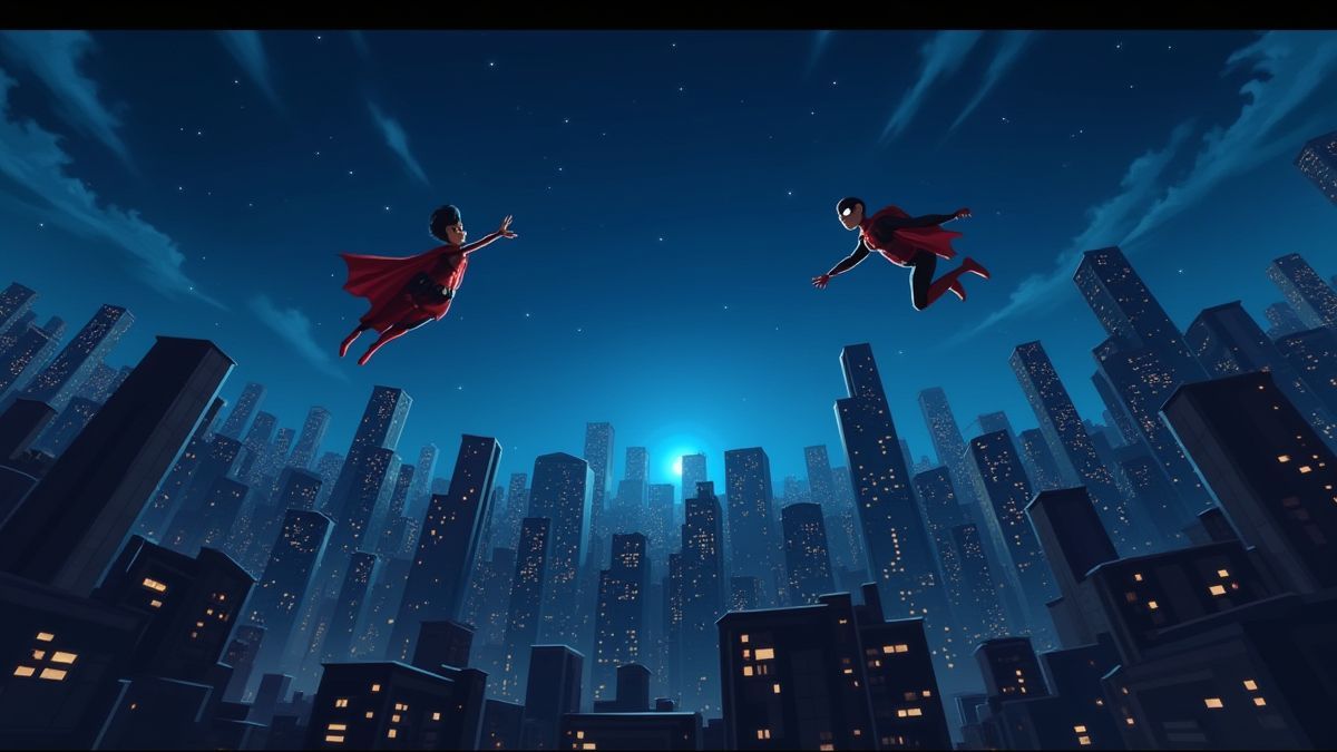 Ciudad animada con superhéroes volando por el cielo nocturno.