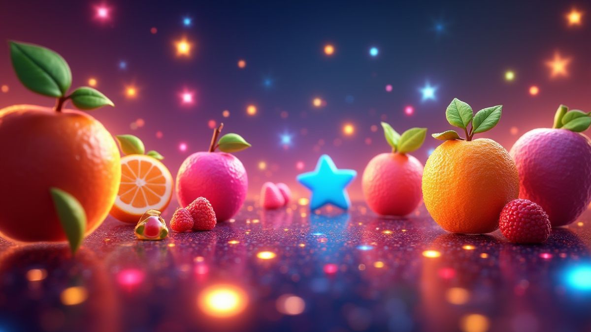 Um piso de cassino colorido com símbolos de frutas e estrelas brilhantes.