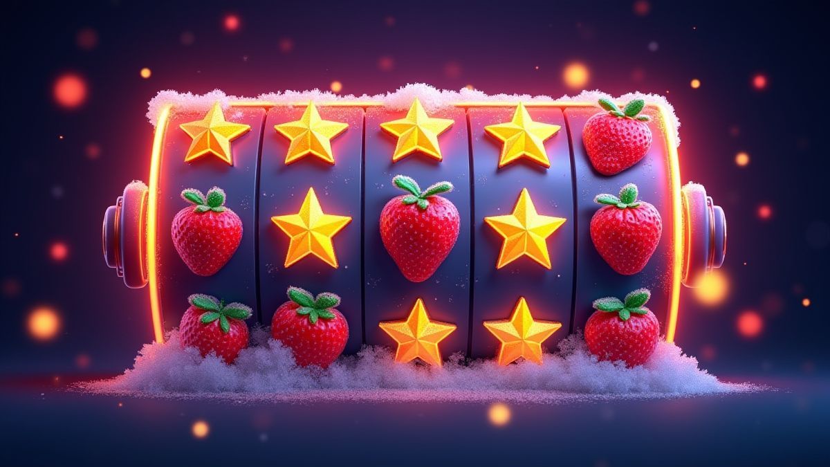 Uma máquina caça-níqueis com frutas e estrelas congeladas em seu lugar.