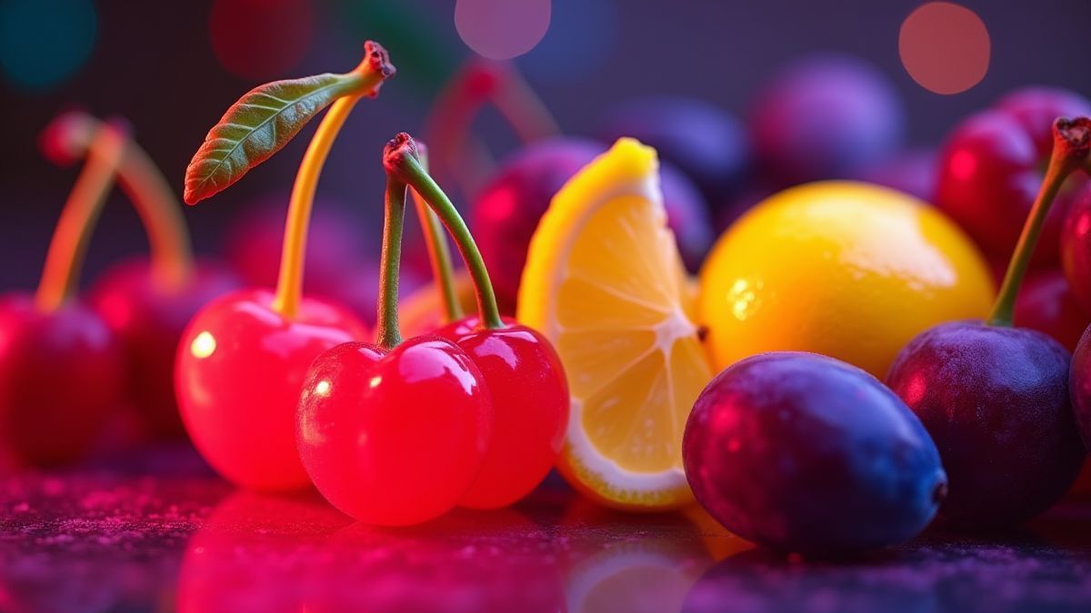 Frutas vibrantes como cerezas, limones y ciruelas bajo luces de neón.