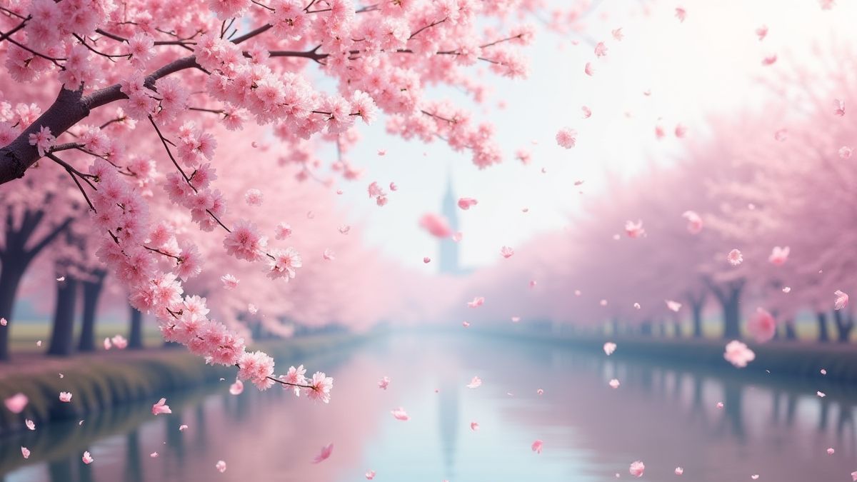 Flores de cerezo cayendo en un paisaje asiático tranquilo.