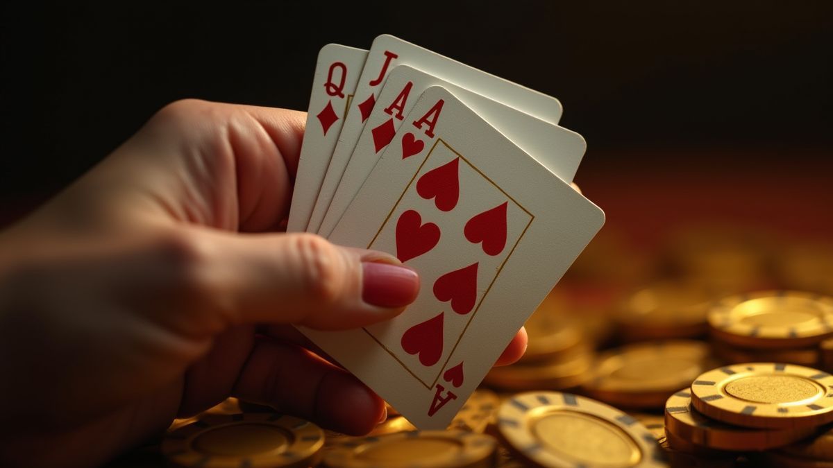 Hand, die Blackjack-Karten hält, umgeben von goldenen Chips.