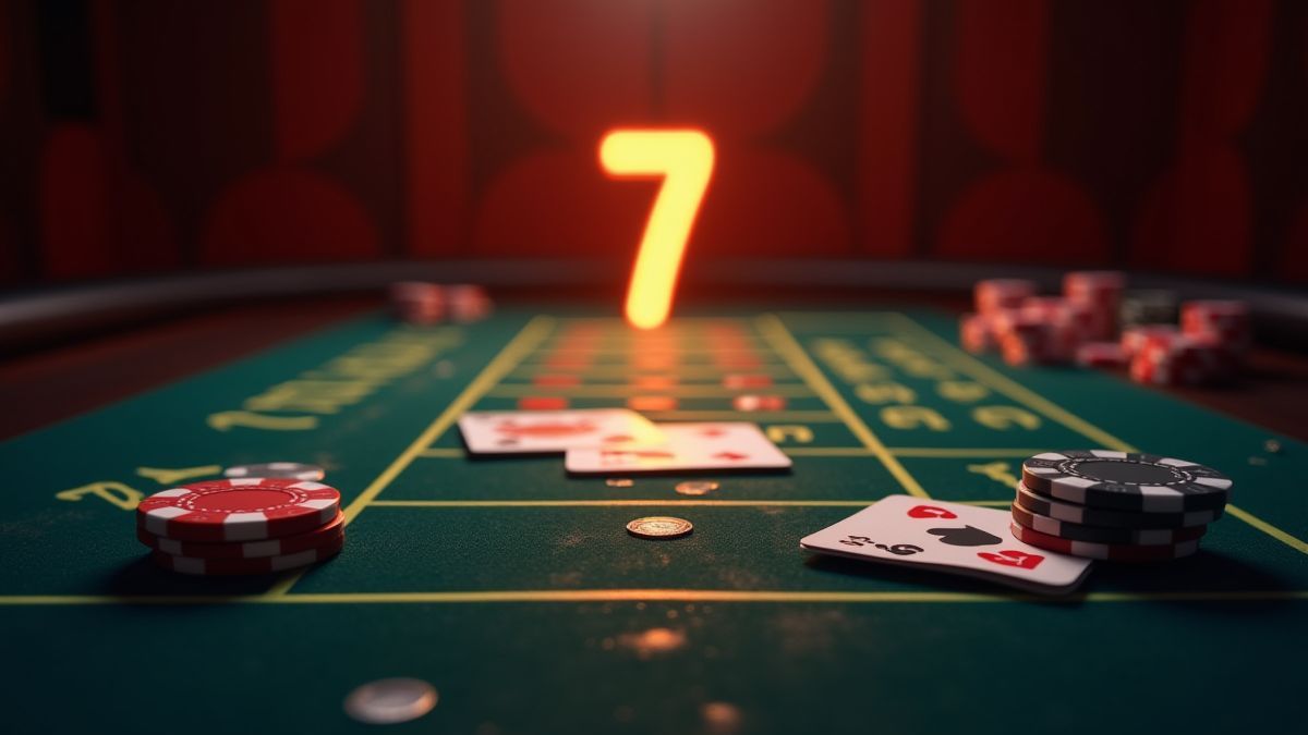 Casino-Tisch mit Chips, Karten und der leuchtenden Nummer 7.