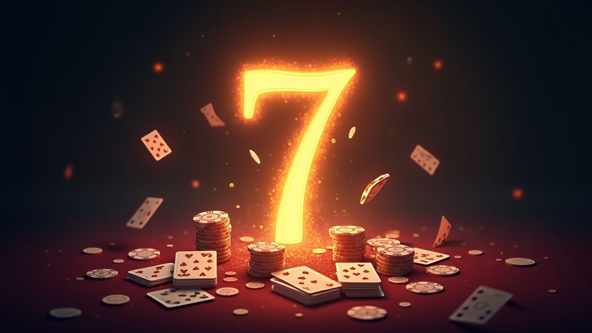 Leuchtende Nummer 7 umgeben von Karten und Chips in einer magischen Umgebung.