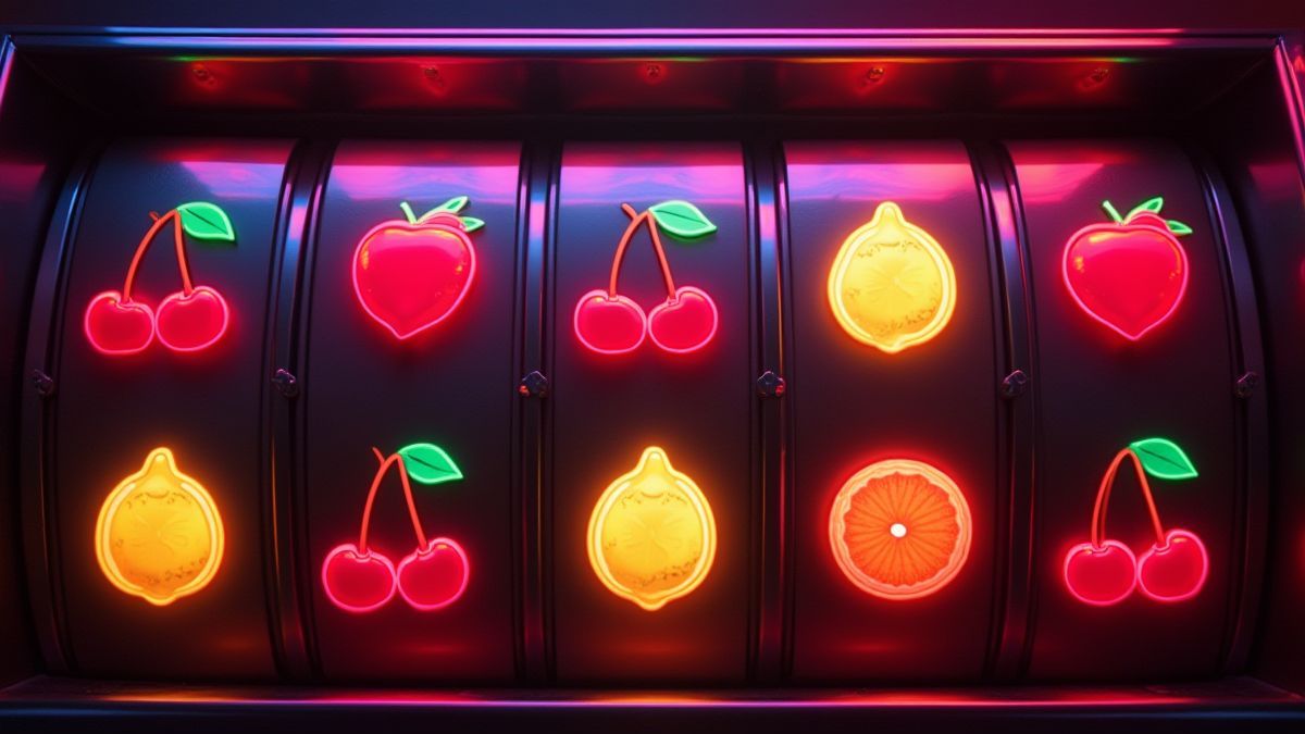 Máquina retro de frutas con luces de neón mostrando cerezas, limones y naranjas.