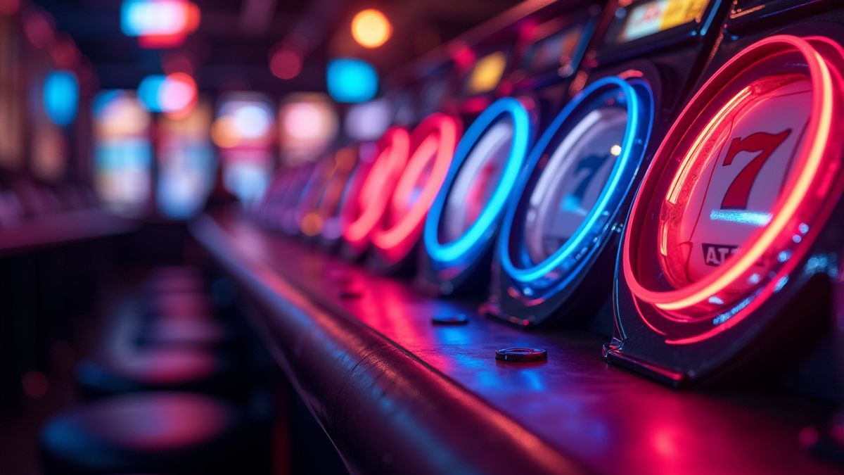 Entorno de arcade con luces de neón y carretes de slot en el fondo.