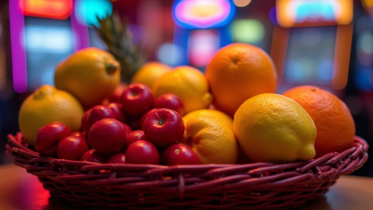 Classic casino fruits like cherries, lemons, and oranges under neon lights.