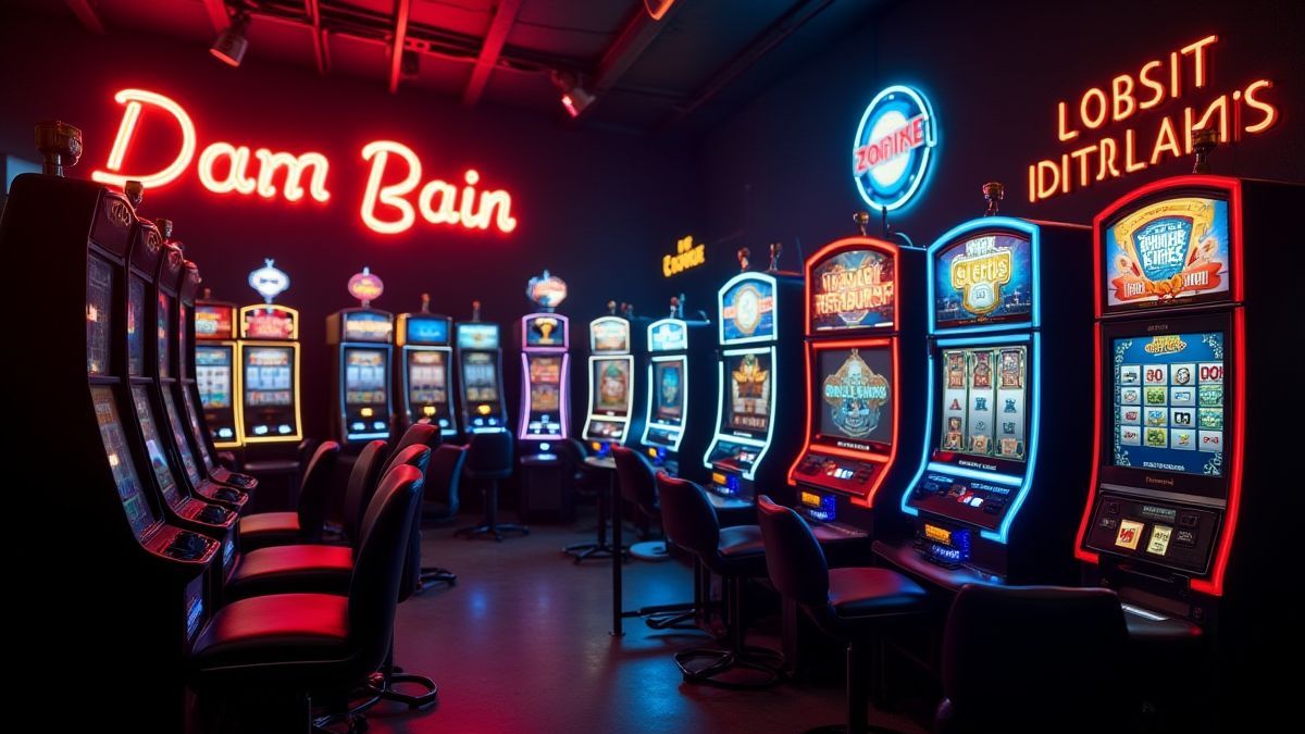 Retro design with neon lights and slot machine graphics.
