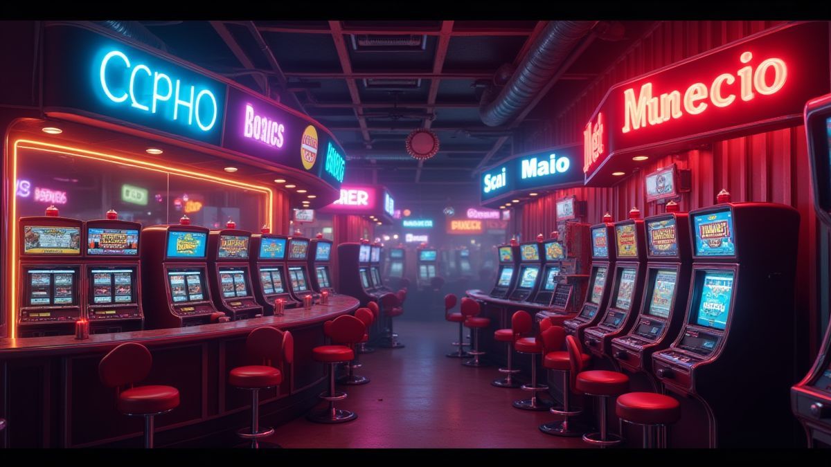 Scène van een retro casino met neonlichten en elementen van gokkasten.