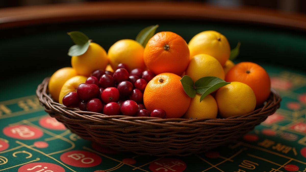 Cesta de frutas clásicas sobre una mesa de casino vintage.