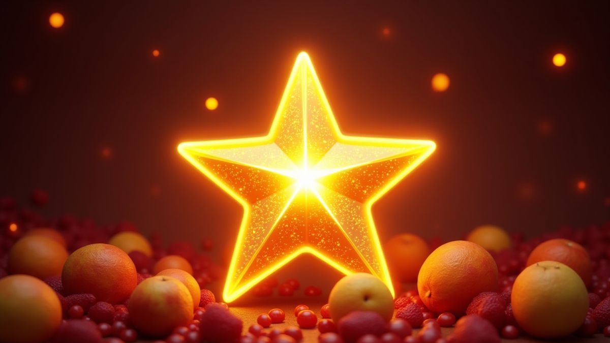 Estrella dorada brillante rodeada de frutas en un diseño retro.