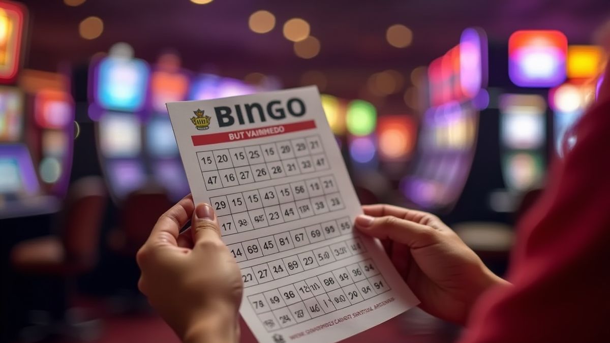 Jugador con hoja de números en un casino animado.