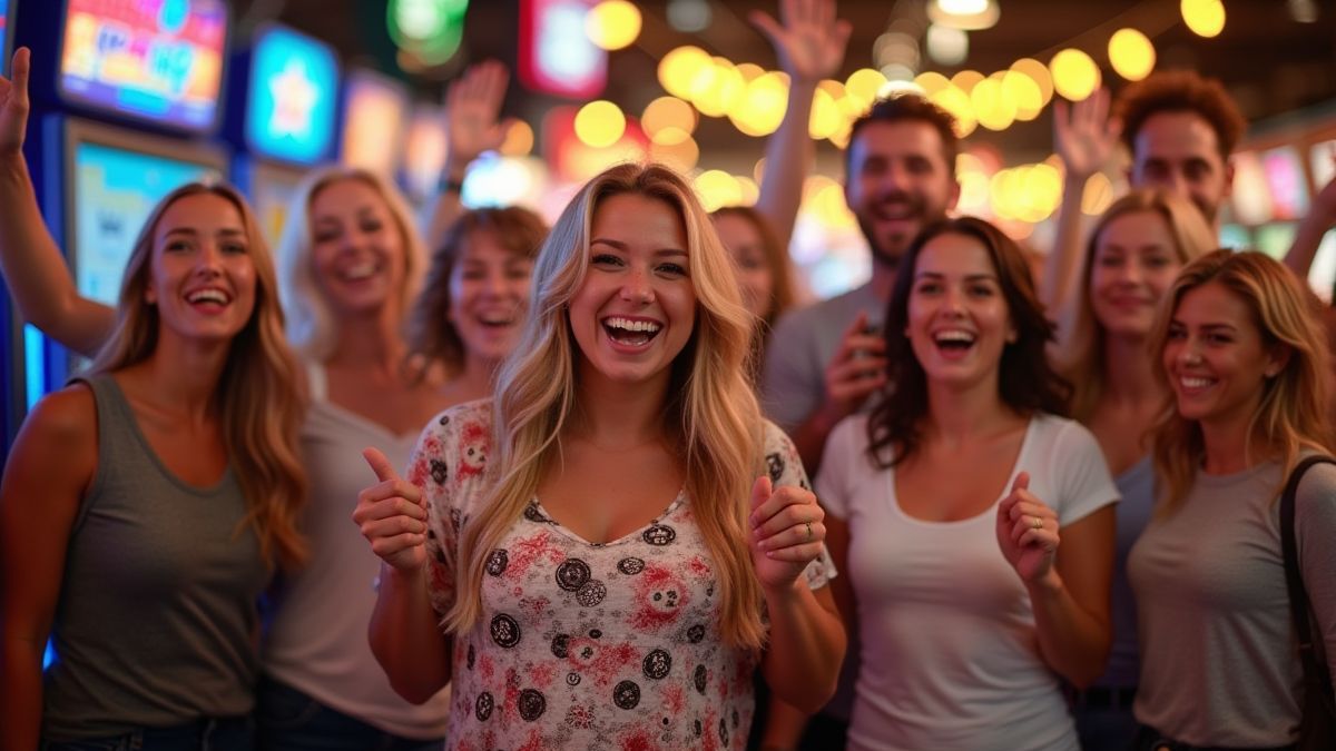 Grupo feliz celebrando una victoria en bingo.