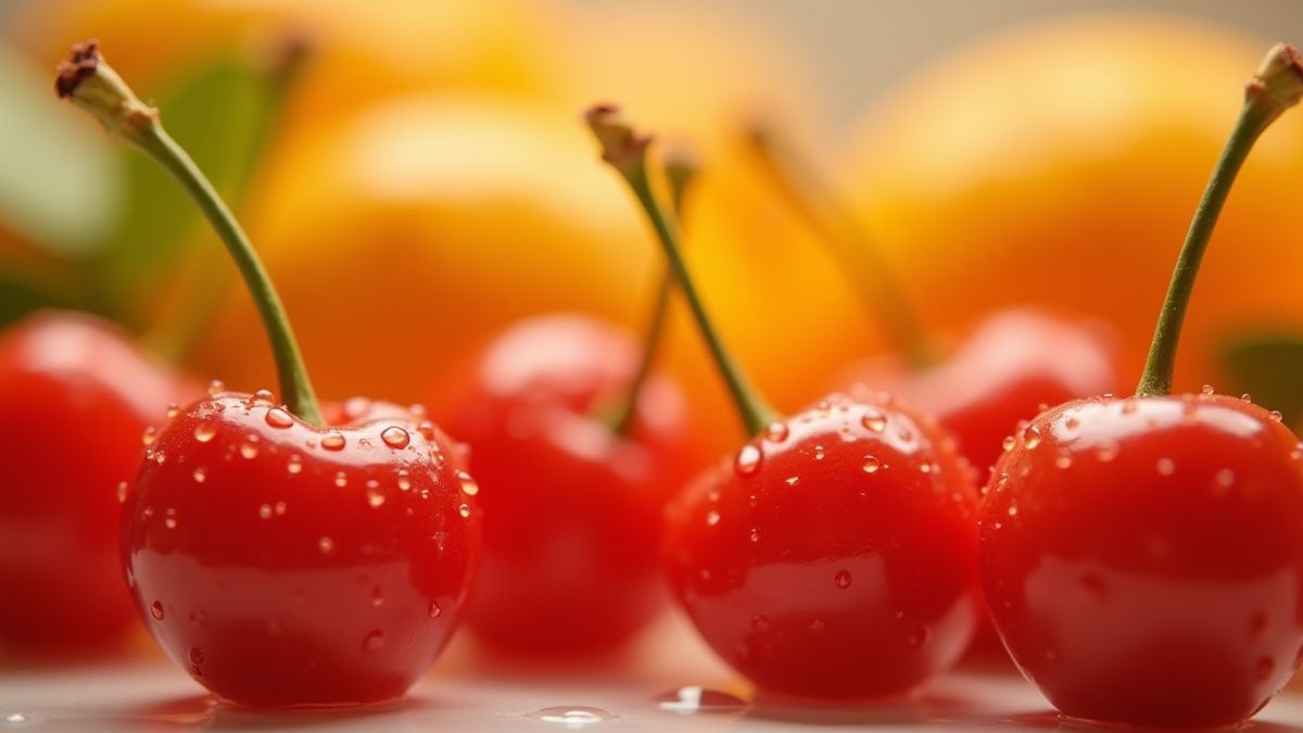 Frutas suculentas animadas com gotas de água.