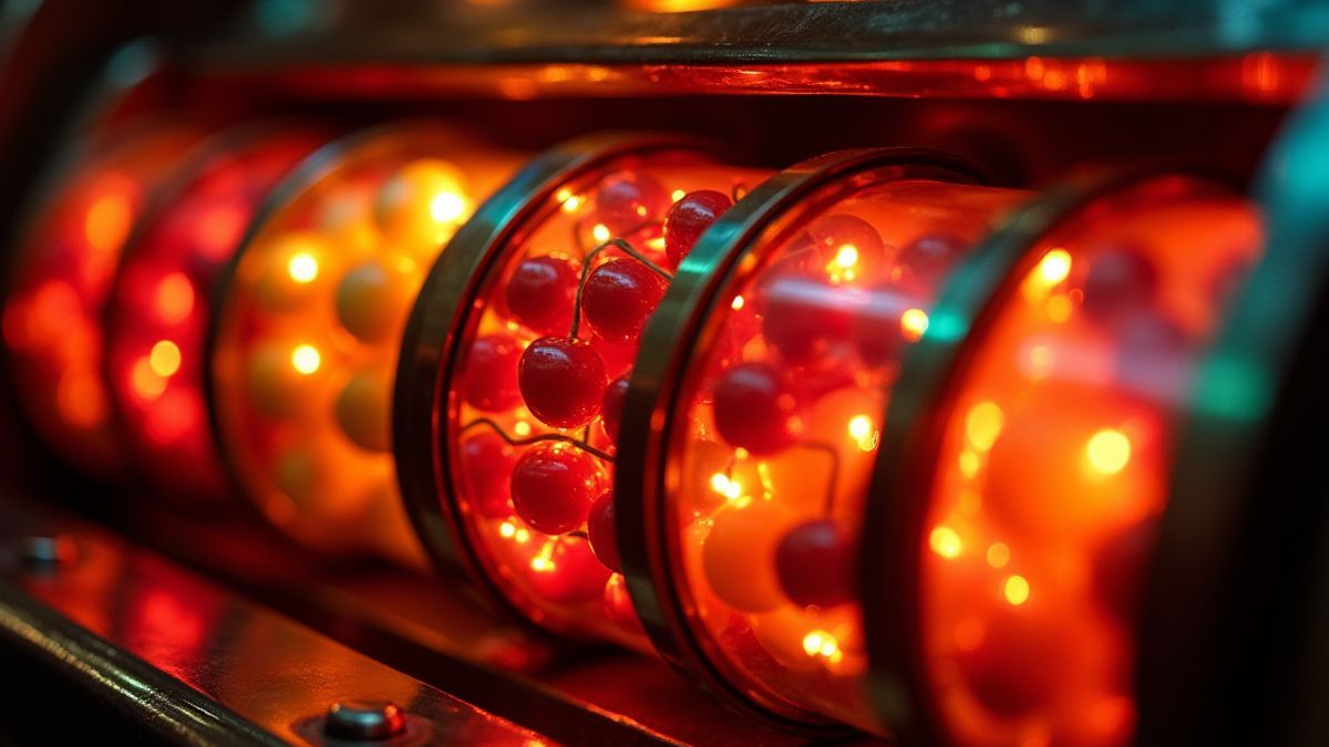 Carretes llenos de frutas clásicas en un diseño retro.