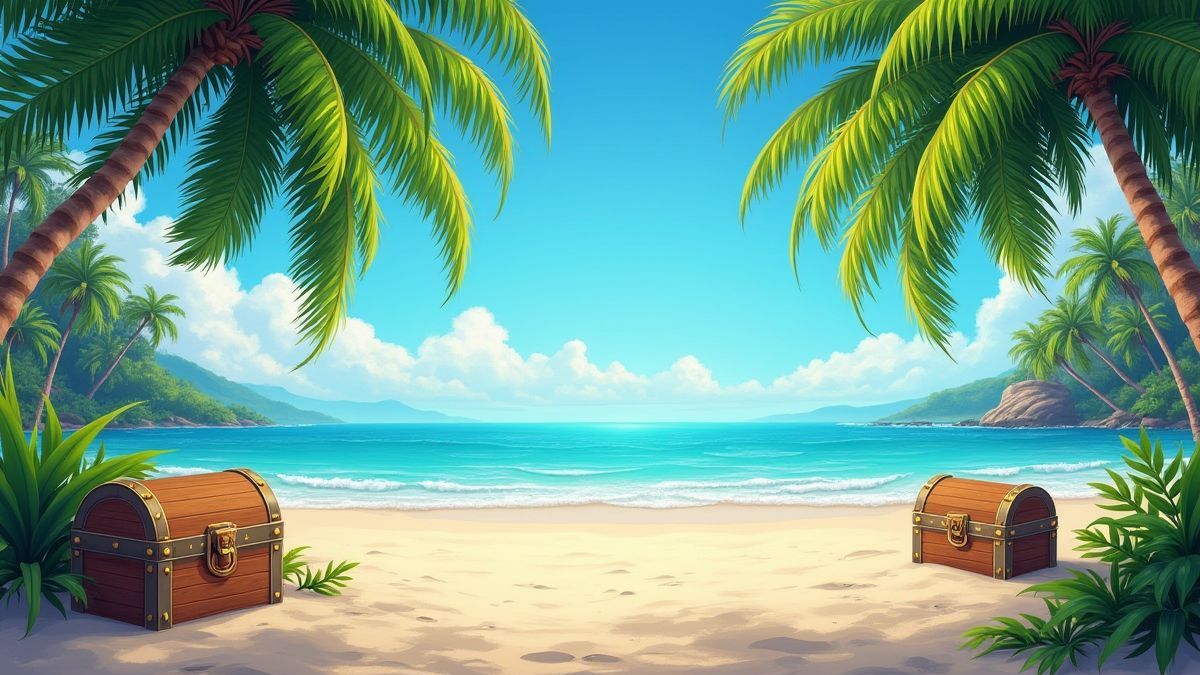 A tropical beach with treasure chests in the sand.